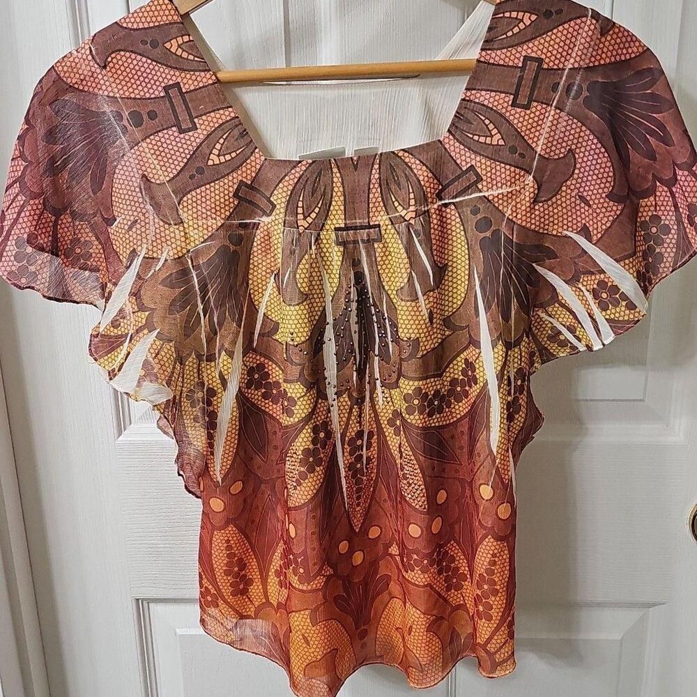 Cato Girls XL (16) Bohemian Print Beaded Chiffon Flutter Sleeve Blouse